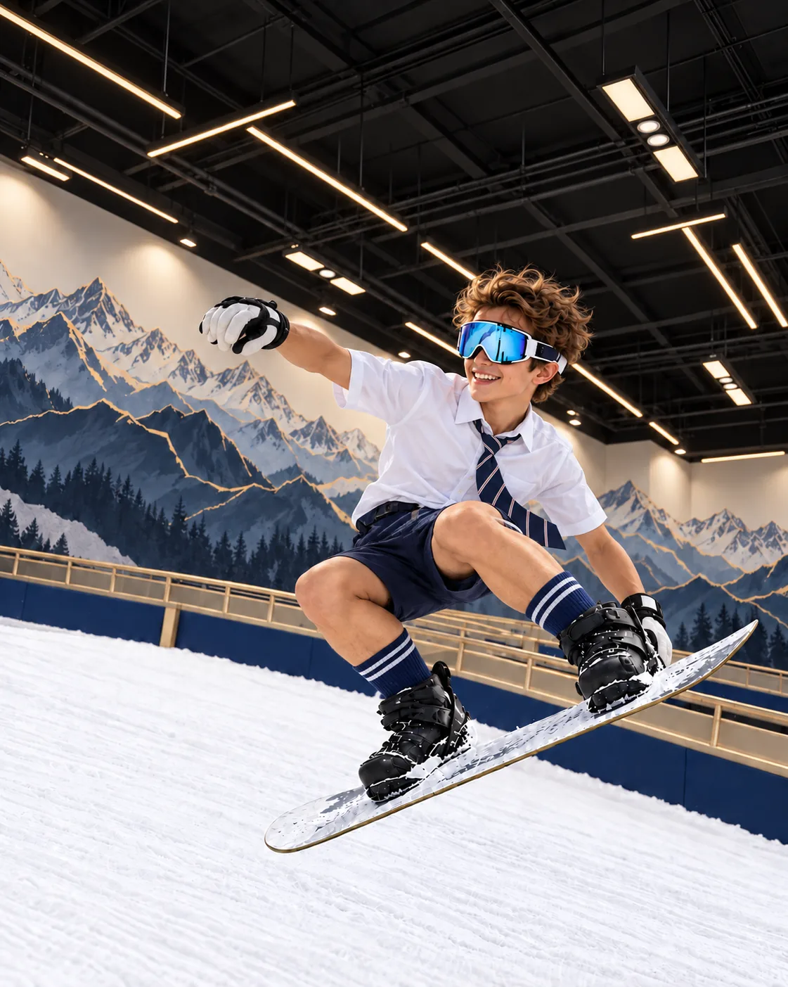 นักเรียนหนุ่มกระโดดสโนว์บอร์ดในร่มที่ HAKI SNOW